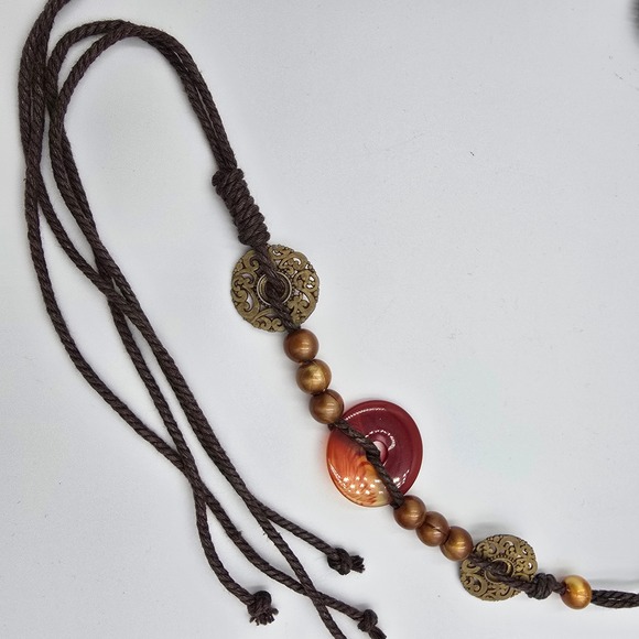 Boho‎ Beaded Necklace with Bronze Discs and Brown Cord Tie Closure Belt - Picture 3 of 4